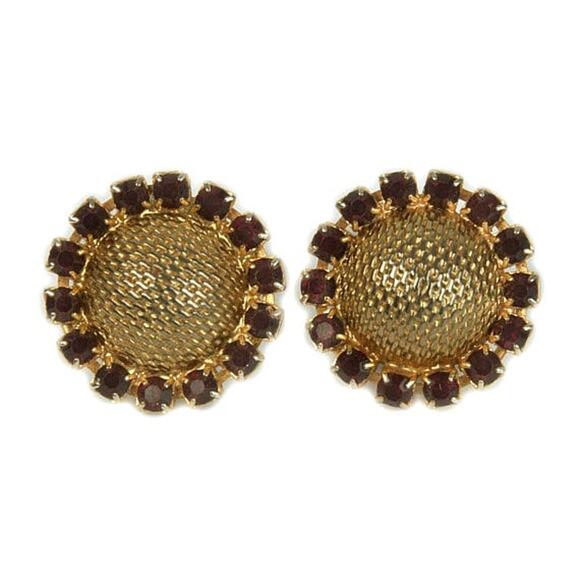 60s Basket Weave Gold PlateTone Red Rhinestones Domed Button Round Clip Earrings - Picture 1 of 3